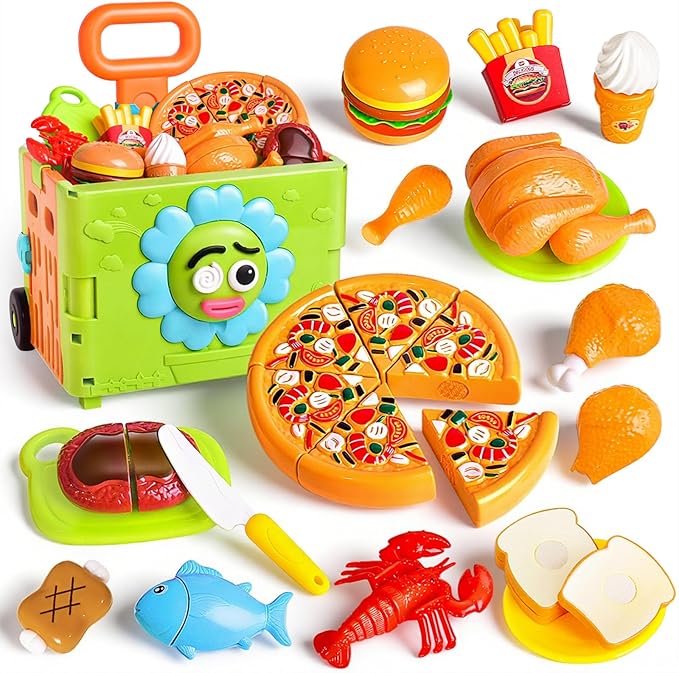 45PCS 3 in 1 Toddler Shopping Cart Trolley Play Set,Kids Grocery Cart-Pretend Play Food Set for Kids Kitchen,Cutting Food ,Preschool Learning Toys, Boys & Girls Birthday Gift for Ages 3+