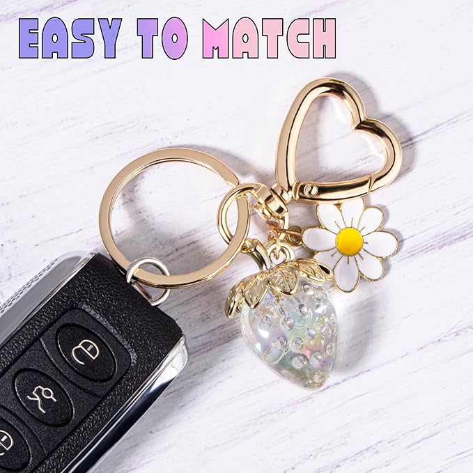 Wikavanli Cute Strawberry Keychain,Bag Charms,Kawaii Heart Flower Daisy Key chains Accessories Decor for Women Girls Purse