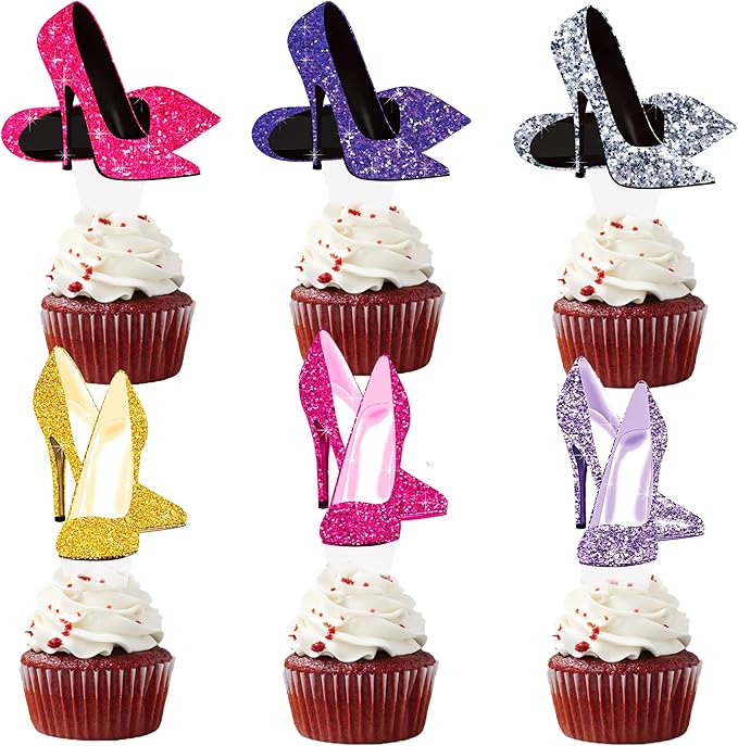 High Heels Cupcake Toppers 48Pcs High Heel Cake Decorations Colorful Stiletto Shoes Birthday Party Decorations Makeup Cupcake Picks for Queen Bachelorette Bridal Shower Supplies