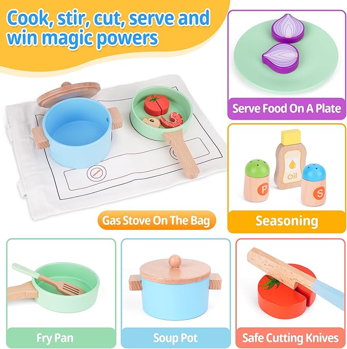 Wooden Play Food Kids Cooking Sets, Play Kitchen Accessories Pretend Play Toys for Toddlers, Kids Kitchen Playset Including Play Dishes, Pot and Pan, Utensils, Gift for Girls Boys 3 4 5 Years Old