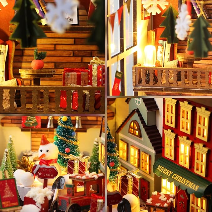 Christmas Book Nook Kit, DIY Dollhouse with Sensor Led Light, Wooden Puzzles, Exclusive, for 14+ Teens and Adults Building