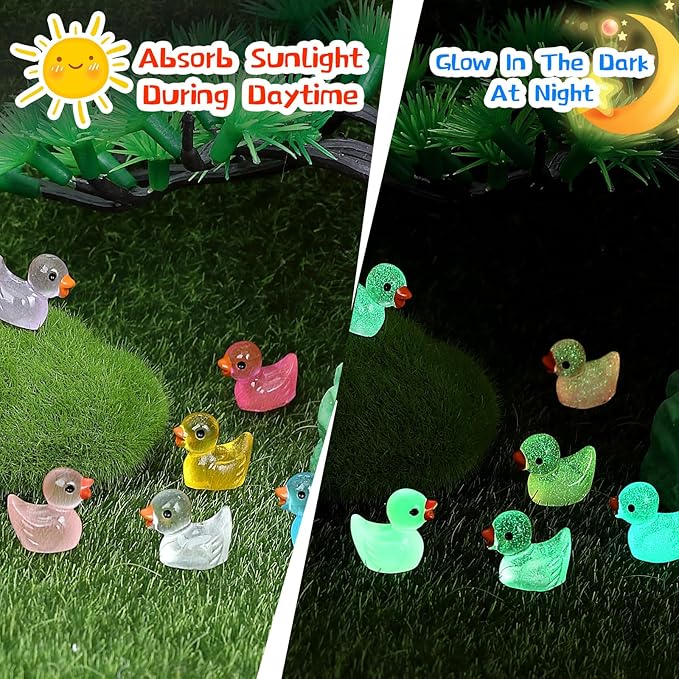 225PCS Mini Ducks Glow in The Dark Tiny Ducks Luminous Resin to Hide and Seek Pranks Micro Garden Landscape Aquarium DIY Decoration Craft (15 Colors)