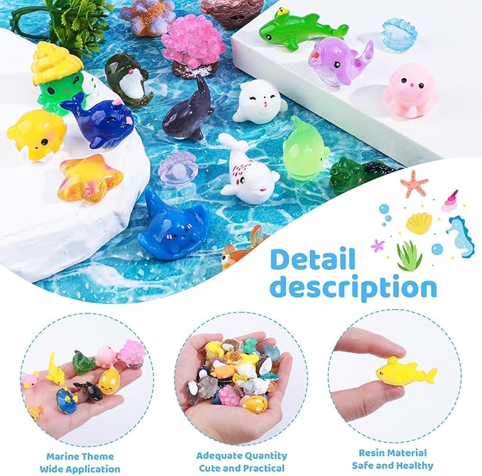50pcs Mini Ocean Resin Animals Tiny Sea Animals Figurines Marine Miniature Plastic Animals Aquarium Ornaments Decorations for DIY Fish Tank Potted Micro Fairy Garden Dollhouse