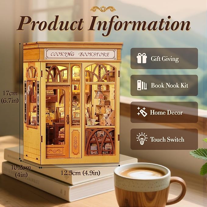Fsolis Book Nook Kit - DIY Miniature Dollhouse Kit 3D Puzzles for Adult Beginners Tiny House Mini Booknook Craft Bookshelf Decor, 156 Wooden Pieces, Gifts for Women Teenagers (Cooking Bookstore)