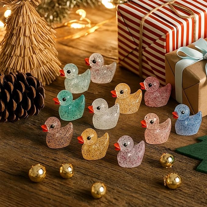 240pcs Mini Glitter Ducks Colorful Tiny Small Little Resin Duck for Dollhouse Fairy Garden Landscape Fish Tank Aquarium Decorations Animals Figures to Hide Miniature Cute Micro Prank Accessories