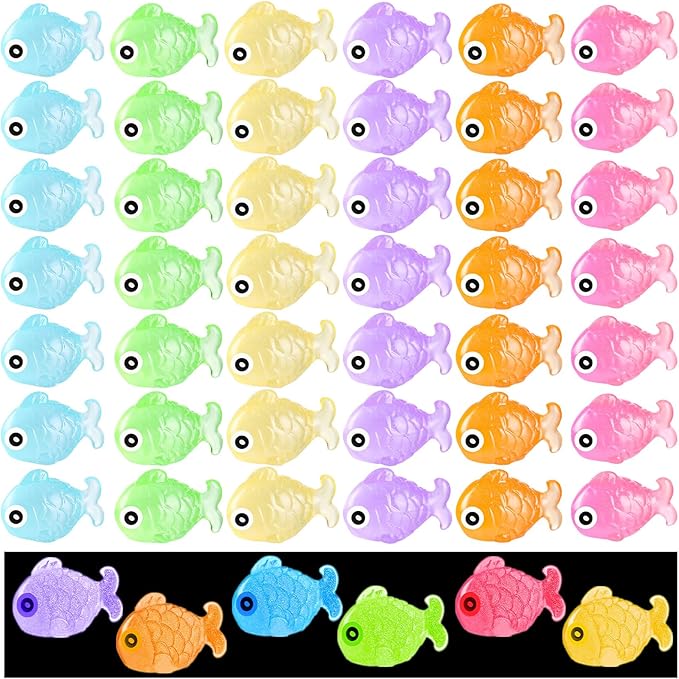 LHSYFBZ 48Pcs Luminous Mini Resin Fish, Miniature Glow in The Dark Fish Ornament for Garden, Landscape, Aquarium, Dollhouse, Birthday Party, Room Crafts Decor