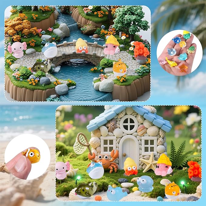 50 Pcs Mini Ocean Resin Animals Figures 50 Styles Tiny Sea Animal to Hide Little Animals Figures for Aquarium Decorations Fish Tank Ornaments Fairy Garden Miniature Landscape Dollhouse Accessories