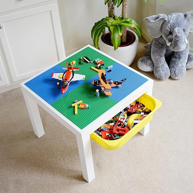 Creative QT Peel & Stick Blocks Base Plate - 10 x 10 in, 4-Pack, Blue & Green - Stackable Building Toy for Play Tables & Wall Panels - Adhesive Baseplate Compatible with Lego & Other Major Brands