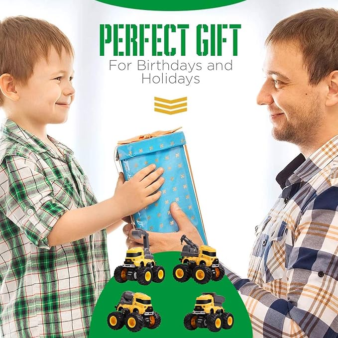 Construction Truck Toys, Push and Go Toy Trucks for Toddlers Kids Age 3-8, 4 Pack Friction Powered Car Toys Include Crane Mixer Excavator Dump Truck Best Christmas Birthday Gift for Boys Girls