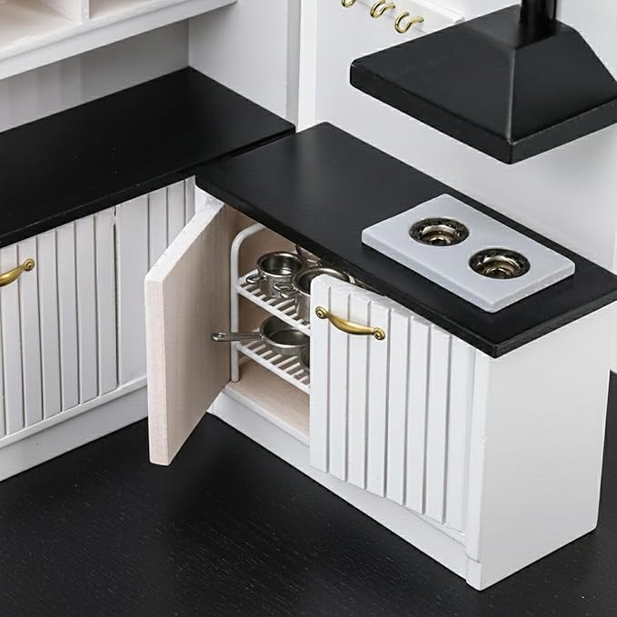 Doll House Kitchen Cabinet - 1/12 Scale Miniature Mini Table with Stove Sink Cabinet, Mini Wooden Dining Room Furniture Accessories, Decoration for Dollhouse Accessory