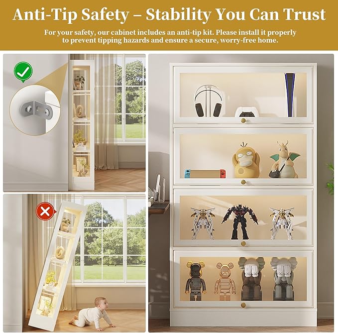 Display Cabinet with Acrylic Glass Doors,4-Tiers Curio Cabinet with LED Lighting for Collectibles, Collectibles Toy Organizers Rack & Display Shelf Display Case Storage Cabinet, Antique White