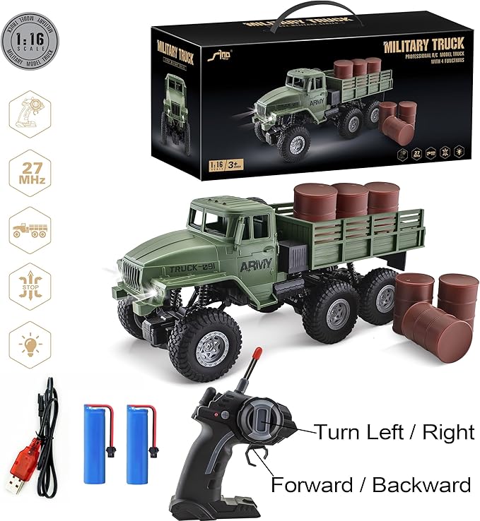 4WD Remote Control Military Truck for Kids 3-8,1:16 Off-Road All Terrain Rock Crawler with Lights, RC Army Transport Vehicle Toy with 2 Rechargeable Batteries, Birthday for Boys