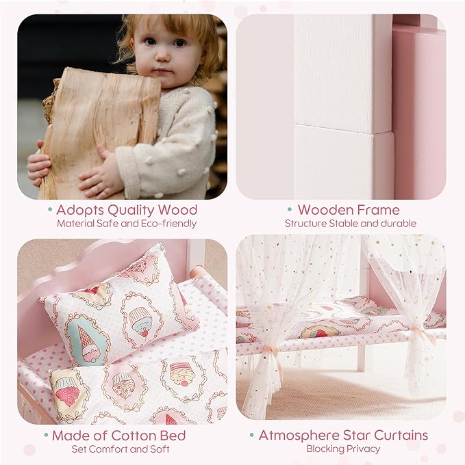 ROBOTIME Baby Doll Bunk Beds, Wooden Baby Doll Crib with Starry Curtain, Stackable Toy Crib for 18 Inch Dolls, Doll Bed Playset with Bedding Accessories, for Kids 3+ (Pink, 2 Pcs Beds)