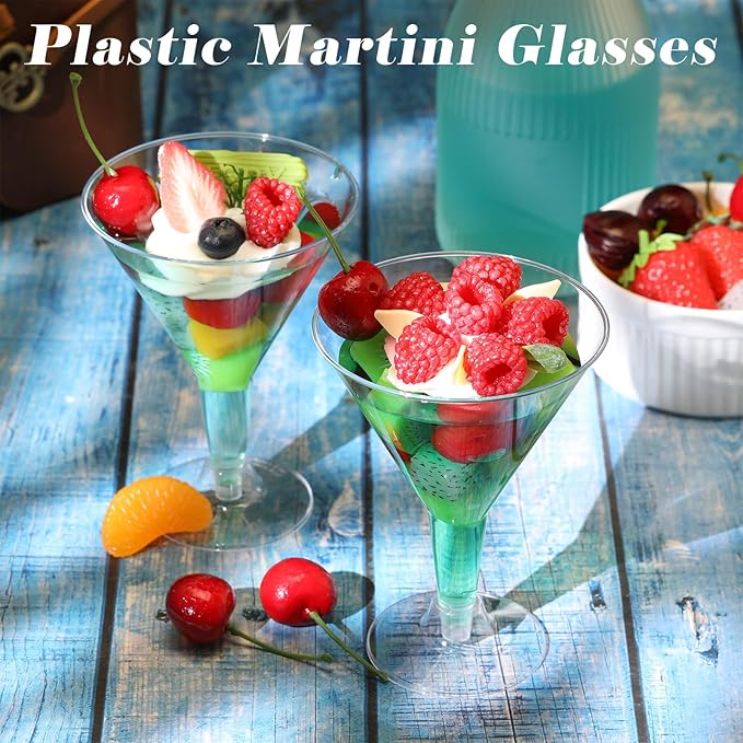 Yinkin 12 Pcs 7 oz Plastic Martini Glasses Disposable Clear Cocktail Dessert Parfait Glasses Unbreakable Mini Martini Cups for Wedding Party Bowl Wine Ice Cream (Stem)