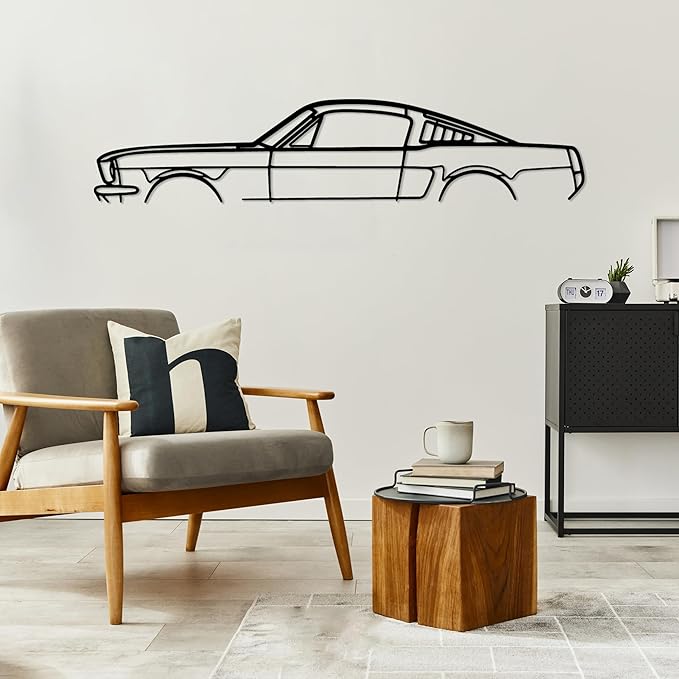 DecoSoul Mustang Metal Car Wall Art, Sports Car, Automotive Silhouette Line Decoration, Minimalist Sculpture for Garage, Indoor Outdoor Wall Hanging, Gift for Boyfriend (Black - 20 x 5.5” inch)