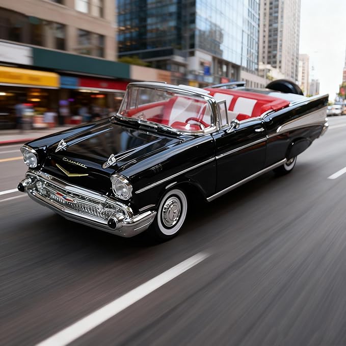 1957 Chevrolet Bel Air Alloy Collector Model Car - 1:18 Scale Classic Replica with Chrome Accents, Opening Doors & Display Base - Iconic American Golden Age Sedan Model（Black）