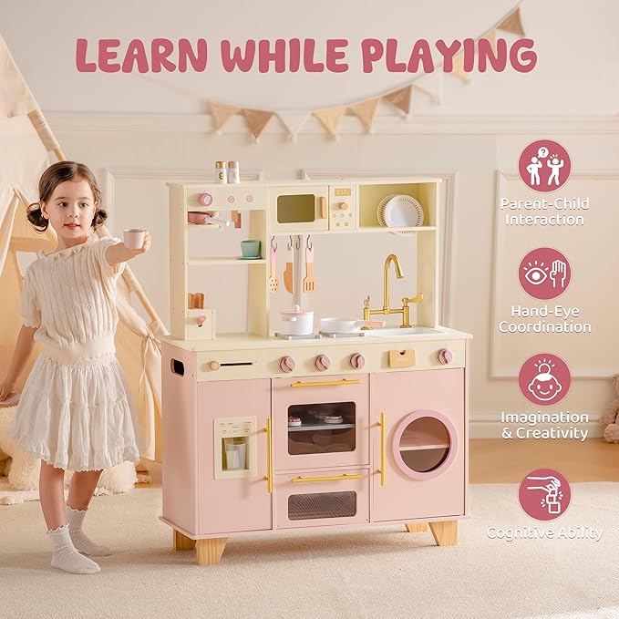 ROBOTIME Kids Play Kitchen, Modern Pretend Wooden Toy Kitchen with Ice Maker, Coffee Maker, Oven, Microwave, Toaster, Stove, Dishwasher & Sink, Complete Kitchen Playset for Ages 3+ (Pink)