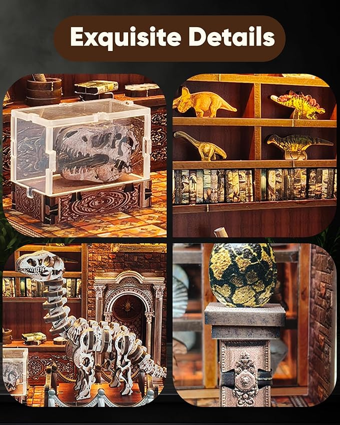 DIY Miniature House Kit – Mini House Book Nook Kit Bookend Bookcase Craft Bookshelf Home Decor with LED Light Christmas Birthday for Adults Beginners(Dinosaur Research Institute)