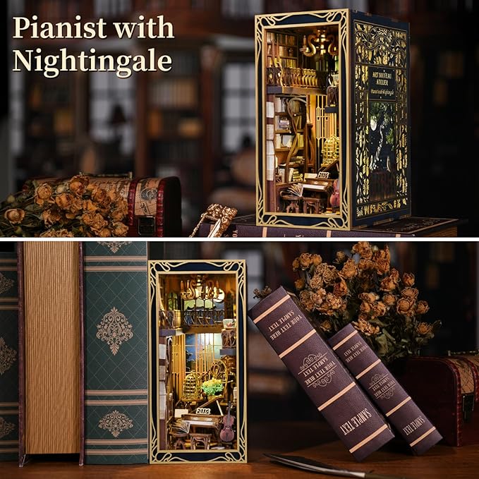 Book Nook Kit, DIY Miniature Dollhouse Booknook Kit, 3D Wooden Puzzle Bookend Bookshelf Insert Decor with LED Light for Teens and Adults (Pianist with Nightingale)