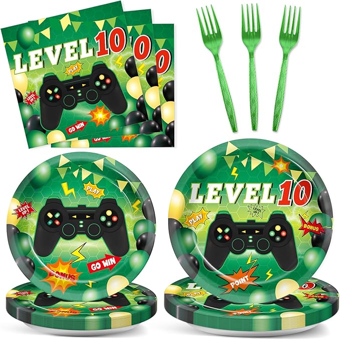 96Pcs 10th Birthday Video Game Party Decorations Green 10th Plates and Napkins Tableware Set Level 10 Dinnerware Party Supplies for Boys Gamer Gaming 10 Year Old Birthday Favors Serves 24 Guests