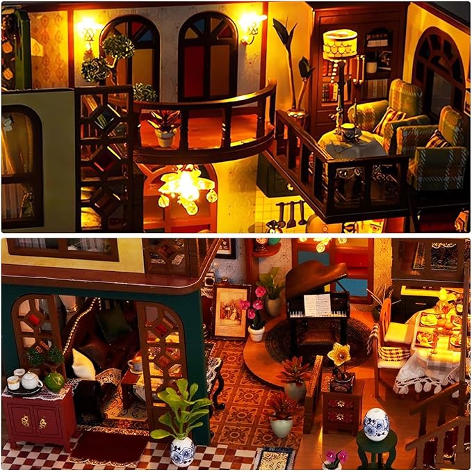 DIY Miniature House Kit, Dollhouse Kit with Light and Dust Cover, Mini House Building Kits for for Adult to Building, Christmas Home Decorations Gifts for Family and Friends, Retro Loft