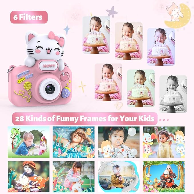 Kids Camera for Girls and Boys,1080P 8X Digital Zoom Camera for Kids Age 3 4 5 6 7 8, 48MP Dual Lens Toddler Cameras for Christmas Birthday Gifts with Silicone Case & 16GB TF Card,Pink