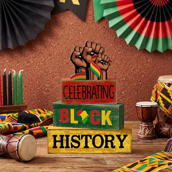 Moucuny 4 Pcs Black History Month Table Decorations Wooden Wrist Black History Month Tiered Tray Decor Red Yellow Green African American Centerpiece Rustic Wrist Block Signs Gift Farmhouse for Home