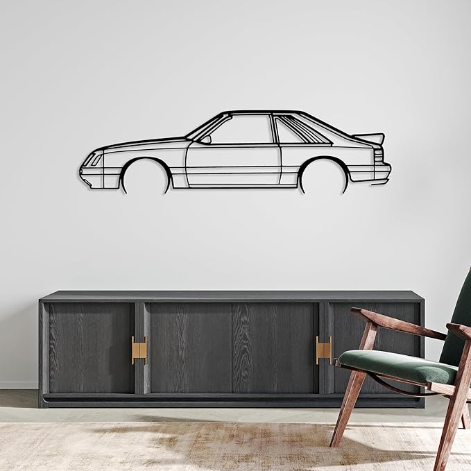 DecoSoul Mustang Metal Car Wall Art, Sports Car, Automotive Silhouette Line Decoration, Minimalist Sculpture for Garage, Indoor Outdoor Wall Hanging, Gift for Boyfriend (Black - 30 x 8.2” inch)