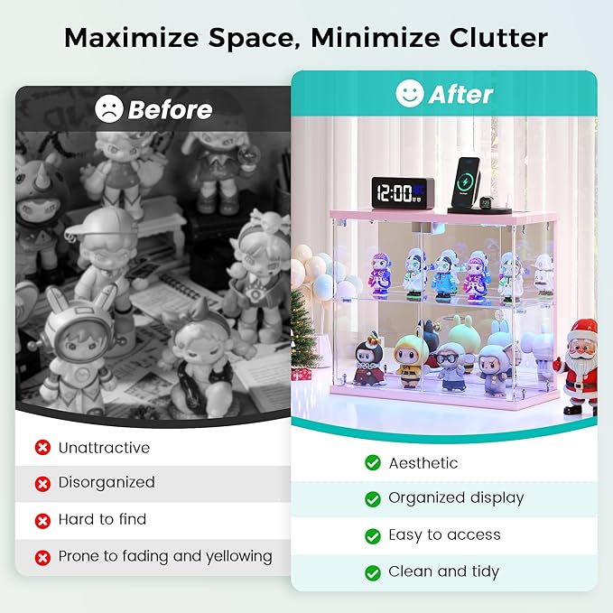 2pcs LED Clear Glass Display Case - for Figures & Collectibles, Small 2-Tier Display Cabinet with Charging Station, Display Box with Lights & Human Sensor, for Model Car, Perfume, Pink