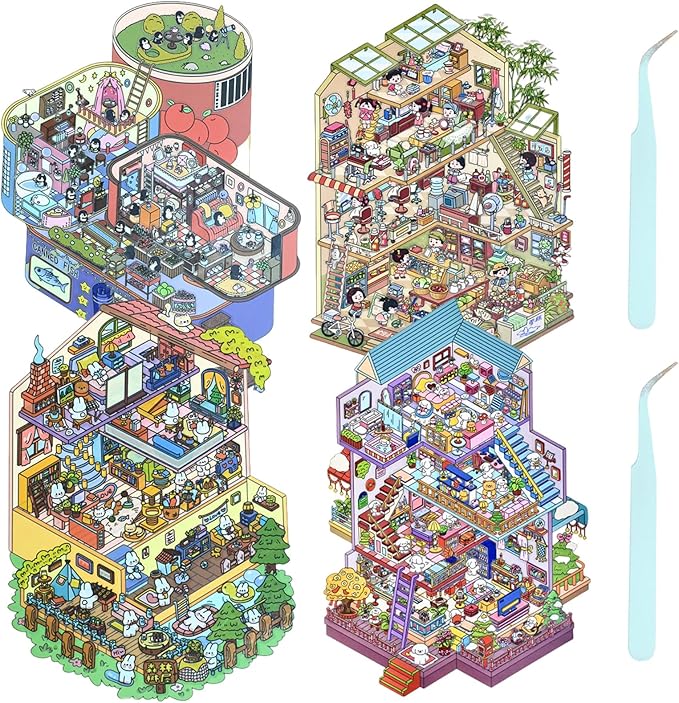 DIY 3D Sticker Scene, 4 Sets Fun DIY 3D House Stickers, Make Your Own Mini Room Scenes, Cute Cartoon 3D Miniature Scene Stickers Book, 3D Sticker Therapy for Adults Kids Relief Stress Pass The Time