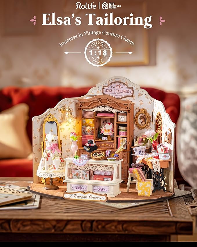 Rolife DIY Miniature House Kit Elsa's Tailoring 1:18 Scale Dollhouse Diorama, Tiny House Building Kit Vintage Tailor Shop Crafts for Adults Home Decor Gift for Adults