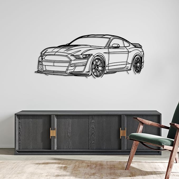DecoSoul Mustang Metal Car Wall Art, Sports Car, Automotive Silhouette Line Decoration, Minimalist Sculpture for Garage, Indoor Outdoor Wall Hanging, Gift for Boyfriend (Black - 20 x 5.5” inch)