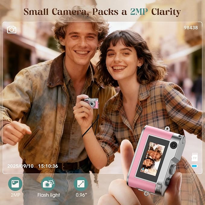 HOTU Mini Digital Camera, Keychain Camera 1080P HD with 2MP Lens, Flash, Video Recording, 32G Card Included, Portable and Compact Retro Vlog Camera for Travel, Kids, Pink