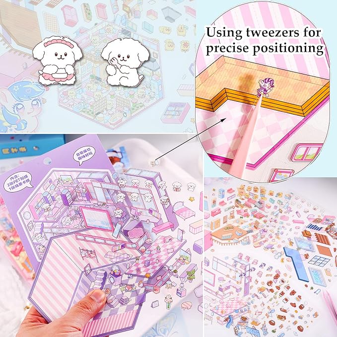 DIY 3D Sticker Scene, Stocking Stuffer, 6 Sets of Aesthetic Stickers for Girls Make Your Own Mini Shop Scenes Stickers for Kids Sticker Therapy for Adult Relief Stress, Holiday & Christmas Fun
