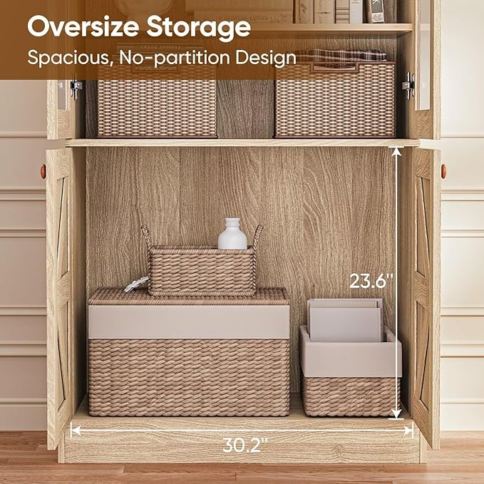 71" Tall Kitchen Pantry Cabinet, Rustic Farmhouse Storage Hutch with Glass Doors & Adjustable Shelves, Freestanding Wood Buffet Cabinet for Dining Room, Living Room, Brown (Set of 4)
