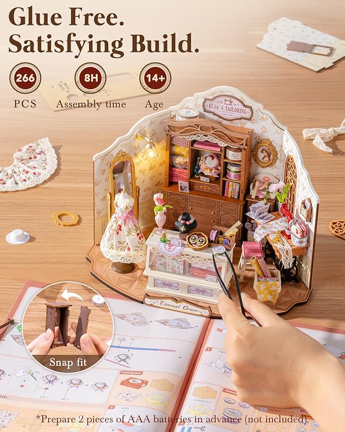 Rolife DIY Miniature House Kit Elsa's Tailoring 1:18 Scale Dollhouse Diorama, Tiny House Building Kit Vintage Tailor Shop Crafts for Adults Home Decor Gift for Adults