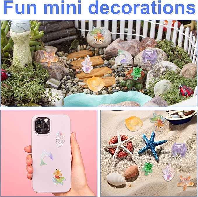210pcs Mini Resin Animals, Miniature Ocean Figurines Glow in The Dark Small Sea Turtles Fishes Jellyfishes Tiny Crabs Starfishes Seashells Dolphins Statue for Dollhouse Aquarium Decorations