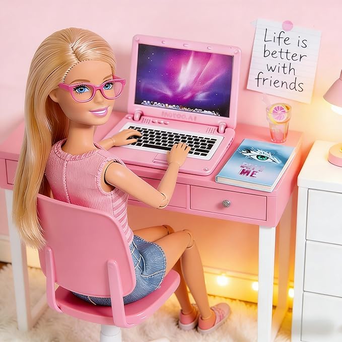 21 Pcs Dollhouse Miniature Laptop Computer Tablet Phone 1/12 1/6 Scale Tiny Book Drinks Guitar Instrument, Doll House Furniture Decor Cake Glasses Coffee Mini Headset, Camera, Potted Plants (Pink)