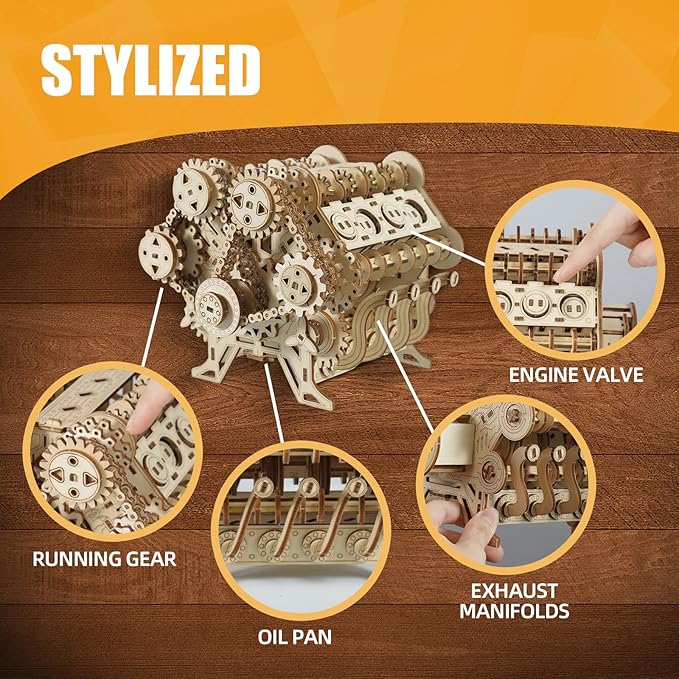 3D Puzzles for Adults - Wooden V8 Engine Model Kit, 3D Puzzle Model Engine Kit with Working Motor, DIY Kits Hobbies for Men for Men, Teen (591 Pcs)