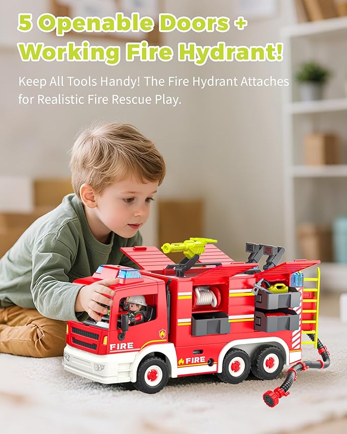 Large Fire Truck Toy with 2 Firefighters & Rescue Tools, Lights & Siren Sounds, Assemble Fire Rescue Truck Vehicle Toy for Boys Girls 3+, Christmas Birthday Gift
