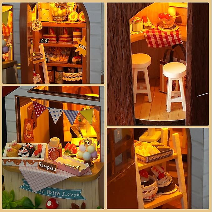 Miniature House Kit, DIY Dollhouse Kits with Lights and Dust Cover, The for Family & Friends, Creative Craft Kit with Two-Story Bakery & Forest Basement