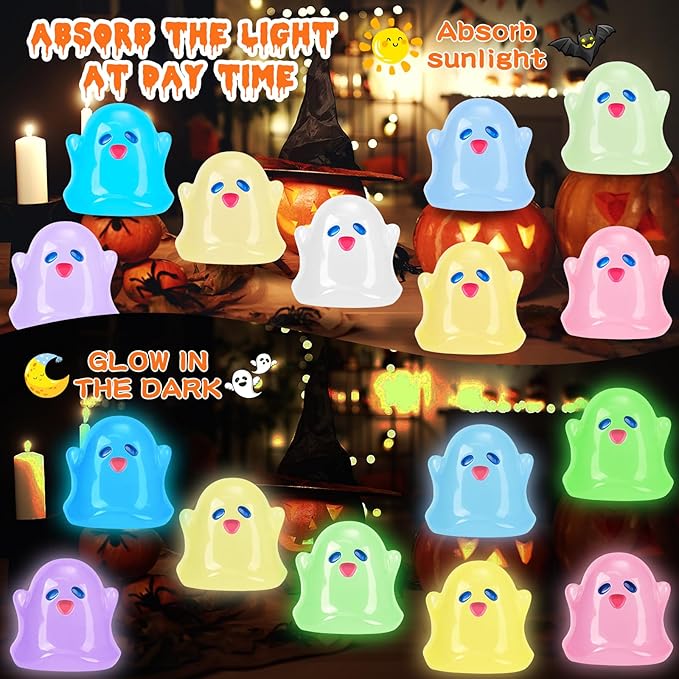 60pcs Halloween Luminous Mini Ghosts Figures 8 Colours Glow in The Dark Miniature Resin Ghost Figurines to Hide Bulk Tiny Small Statue for Halloween Party Favors Micro Garden Dollhouse Decorations