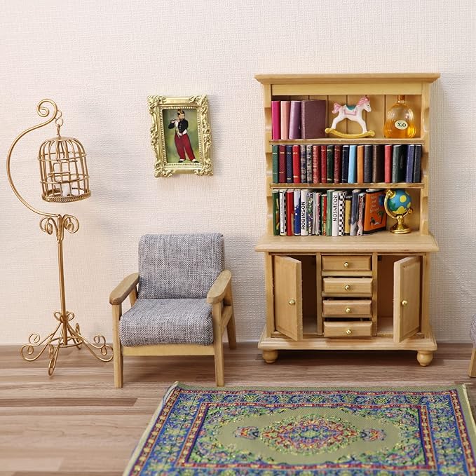 1:12 Scale Miniature Cupboard Bookshelf Classic Wooden Mini Storage Hutch Kitchen Dollhouse Bookshelf Wood Cabinet 1:12 Furniture Display Showcase Decoration Sideboard Accessories (Wood Color)