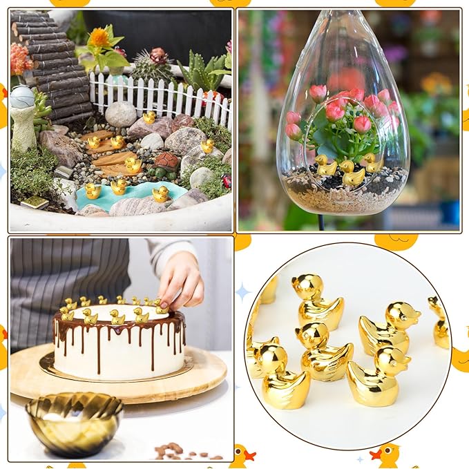 Yaocom 100 Pcs New Year Mini Golden Duck Statue Bulk Golden Duck Figurines Micro Garden Landscape Dollhouse Cake Decoration Potted Plants DIY Craft Charms for Party New Year Wedding Gift