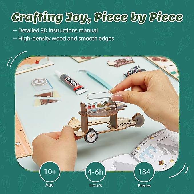 3D Puzzle Ice Cream Truck Model - DIY Miniature Kit Dollhouse Food Truck Wooden Model with LED Lights - Creative Gift for Kids and Adults(Ice Cream Truck)
