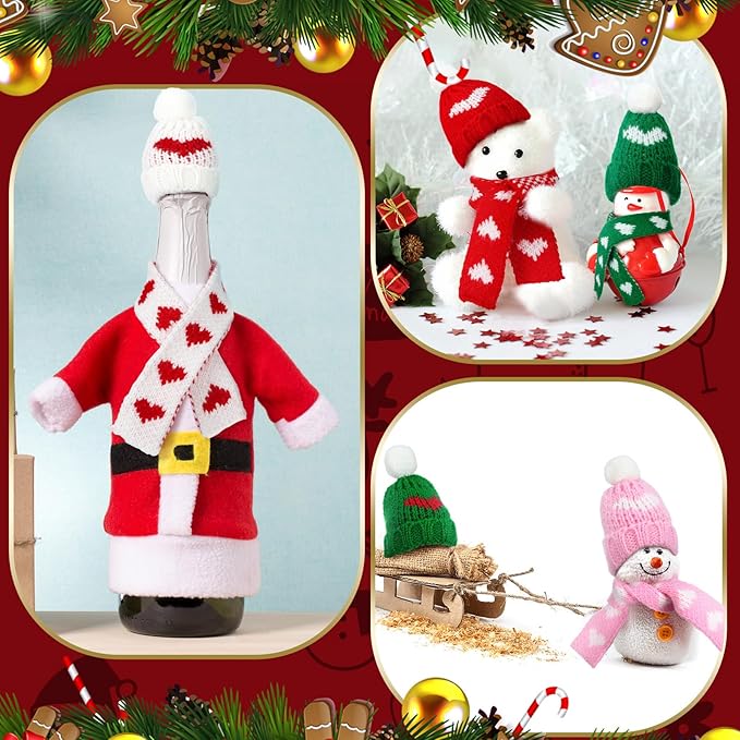Geyoga 16 Pcs Mini Knit Doll Hat Valentines Day Small Santa Hat for Craft Winter Mini Snowman Hats and Scarf Tree Ornaments Snow Stripe Heart Wine Bottle DIY Decor Gifts