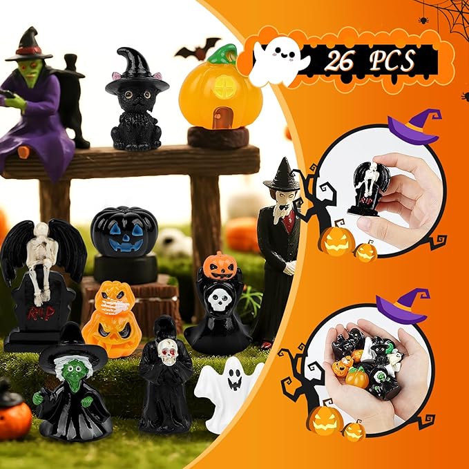26 PCS Halloween Miniatures Figurines Resin Tombstones Figures Miniature Tombstones Miniatures Skeleton Pumpkin Ghost Ornaments for Halloween Party Favors Fillers Home Tabletop Decor