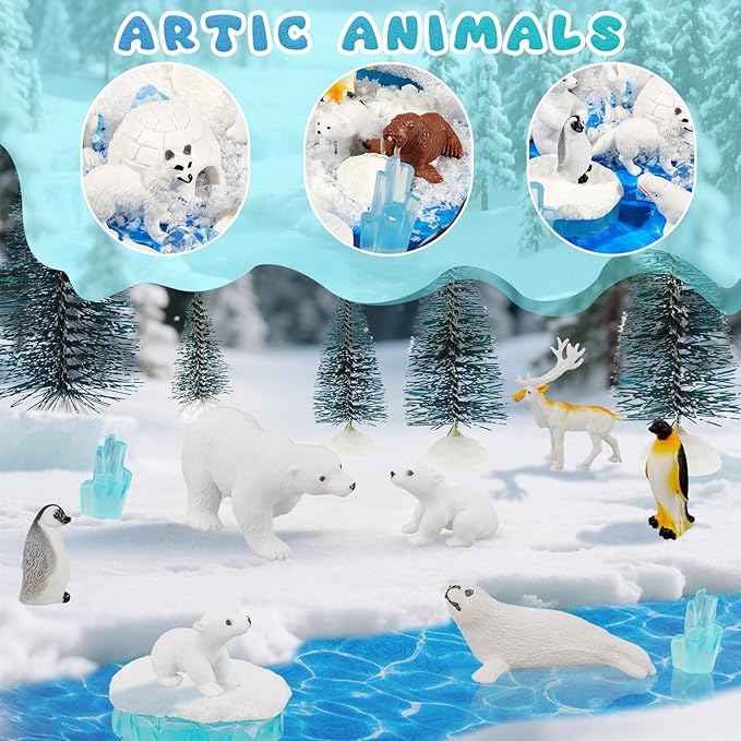 Warmtree 46 Pcs Arctic Animals Figurines Set Includes 22 Polar Bear Penguin Animals Figurines 6 Mini Pine Trees 18 Artificial Lceberg Fake Snow Ripple Water Sticker Ocean Habitat Diorama Supplies