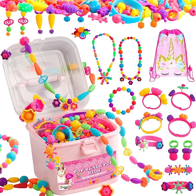 Orian Pop Beads Jewelry Kit for Girls – 550+ Colorful Snap Beads to Create Bracelets, Necklaces & Rings, Fun DIY Set with Unicorn Gift Bag, Ages 3+