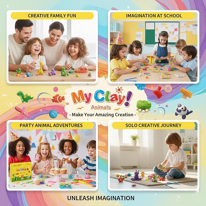 Air Dry Clay Kit, 12 Animals Kingdom Modeling Clay for Kids, DIY Model Magic Clay with Tools&Idea Cards, Soft&Non-Sticky, Safe&Non-Toxic Magic Clays, Creatible Art Crafts Toys Gifts for Boys Girls